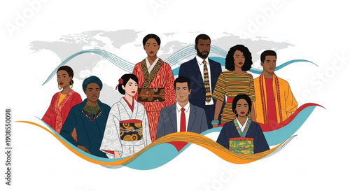 Diverse people in traditional clothing from around the world standing together globally