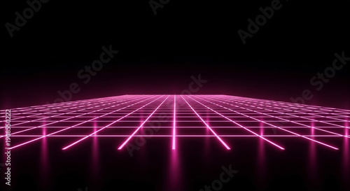 A vibrant pink neon grid extends infinitely across a dark reflective surface, creating a futuristic cyberspace illusion.