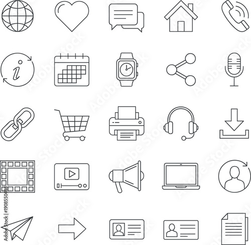 Vector icon set featuring social media engagement global networking community building online shopping business tools office equipment and communication symbols for apps and websites.
