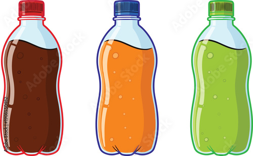 Colorful soda bottle set illustration, plastic beverage containers with different drinks, soft drink packaging vector isolated white background