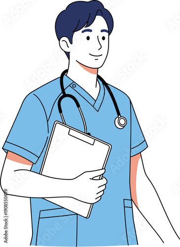 Young male healthcare professional or nurse in blue scrubs with a stethoscope holding a clipboard for patient medical records and clinical hospital management