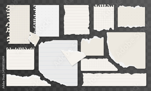 Set of light beige paper pieces with jagged, uneven edges, perfect for collage, notes, or scrapbooking projects, isolated on white background vector illustration