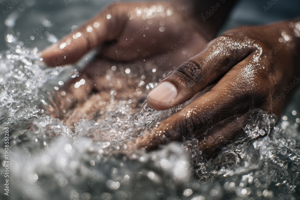 Fototapeta premium Close-up of human hands touching clear flowing water