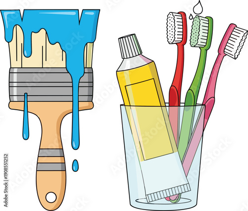 Paint brush and bathroom hygiene illustration, dripping paint tool with toothbrush toothpaste set, home maintenance cleaning vector isolated background