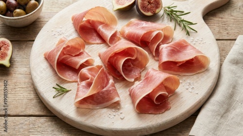 Thinly sliced delicate pink prosciutto arranged elegantly on a wooden board with figs