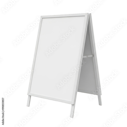 A blank white a-frame sign on a plain white background is displayed prominently. isolated on transparent background