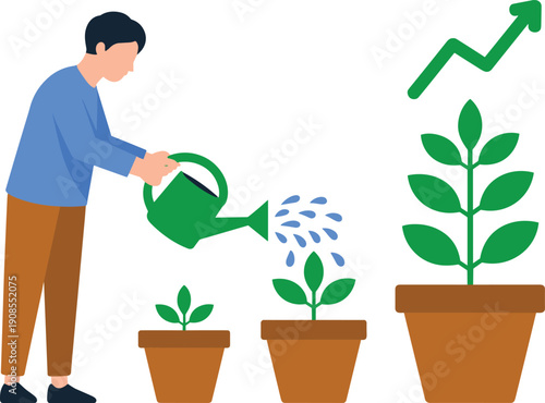 Plant growth stages illustration featuring sprout, seedling, young plant, and mature tree with leaves for biology, gardening, and environmental education graphics