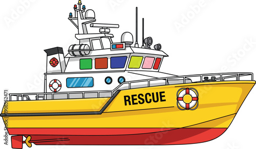 Rescue boat illustration, emergency response vessel with lifebuoy, maritime safety ship vector isolated white background design, sea coast patrol service