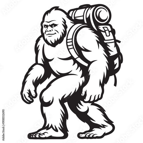 Adventurous bigfoot hiker with backpack trekking through wilderness energetic explorer creature ready for journey strong hiker silhouette outdoor exploration theme