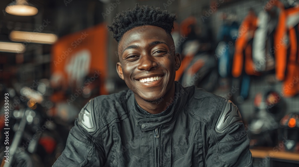 Fototapeta premium Image of a happy young Black man content with new motorcycle gear at a shop