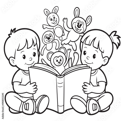 Happy kids reading magic book vector illustration with floating animals rabbit monkey friends children sitting on floor exploring imagination story time educational concept learning art