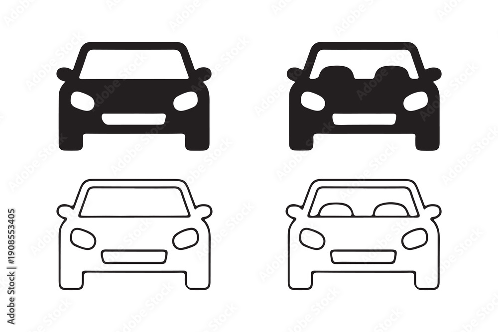 Fototapeta premium Car Front View Icon Set Solid and Outline Automobile Vector Collection