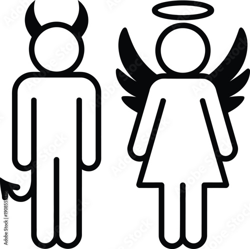 Simple illustration of a devil and an angel side by side with symbolic features.