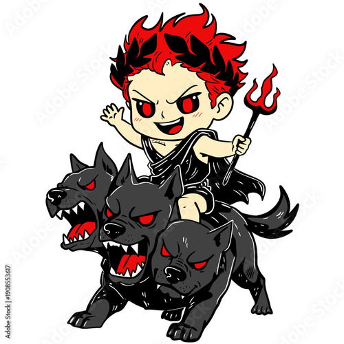 Fotografie Angry god Hades kid in an evil costume with a trident riding a scary three headed dog Cerberus on transparent background