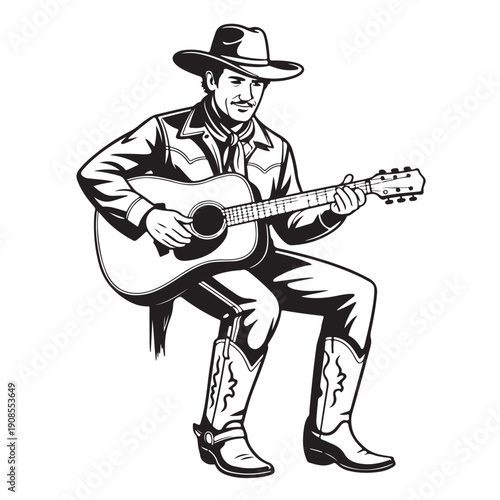 Wallpaper Mural Vintage country musician playing acoustic guitar vector illustration. black and white monochrome drawing of cowboy in hat and boots performing folk song, traditional western music art Torontodigital.ca