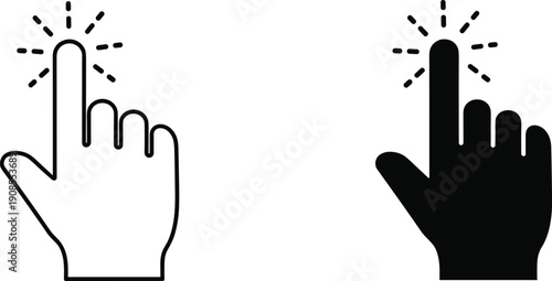 Hand Click Cursor Icon Set, Pointer Finger Symbols, Outline and Solid Black Silhouette, Touch Screen Gesture, Navigation Button, Interface Design, Vector Illustration.