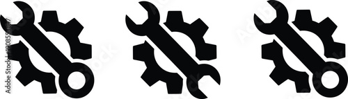 Three identical black logos featuring wrenches and gears on a white background.