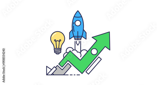 Blue Rocket Ship Launching Upward Trend.