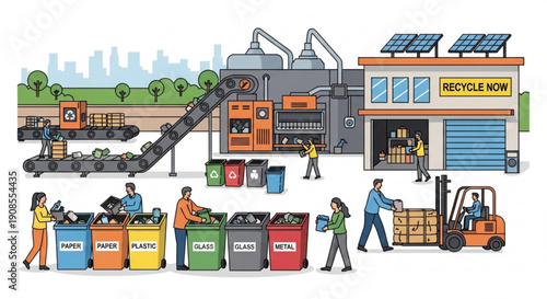 Recycling facility with workers sorting waste and operating machinery