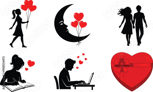 Valentine Day Romantic Vector Set, Couple Silhouette, Girl with Heart Balloons, Moon, Writing Love Letter, Online Dating, Heart Gift Box.