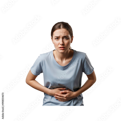 Woman with stomach pain holding her abdomen