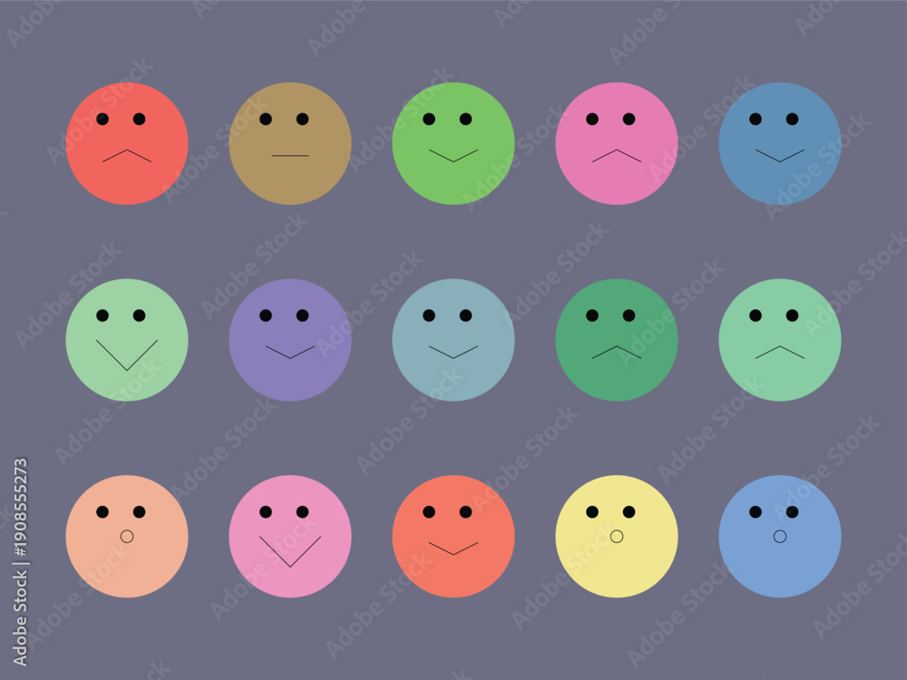 Fototapeta premium A vibrant grid of 15 colorful circular emoticons showcasing different human emotions on a dark grey purple background