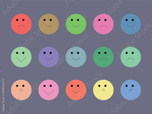 A vibrant grid of 15 colorful circular emoticons showcasing different human emotions on a dark grey purple background