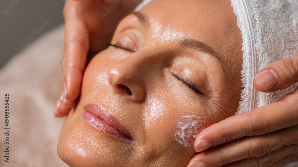Fototapeta premium Beautician applies anti aging cream on client s face at spa focusing on skincare and beauty treatments to prevent wrinkles