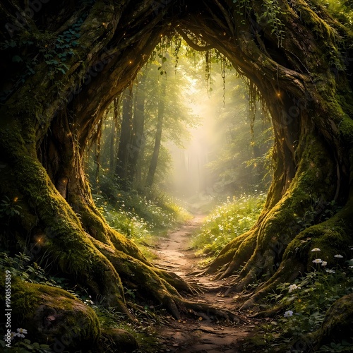  A natural portal of mossy, gnarled tree roots frames a sunlit misty forest path. Represents a gateway to an enchanted fairy-tale destination. Realistic vertical composition,