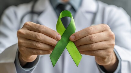 Physician with green ribbon for lymphoma awareness in September along with mental health liver gallbladder bile duct cervical and kidney cancer Concept of healthcare and cancer