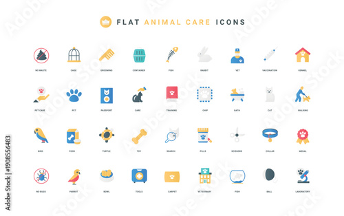 Love to dog and cat, fish and rabbit carrier, footprint thin symbols vector illustration. Pet health care, food and grooming for animals, veterinary vaccine, shop flat icon set