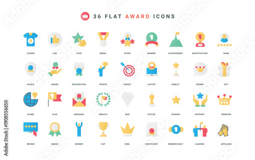 Awards for leader achievement, winners gold cup and medal, victory prizes color icon set. Success challenge and leadership, star and crown, wreath, hit target flat elements vector illustration