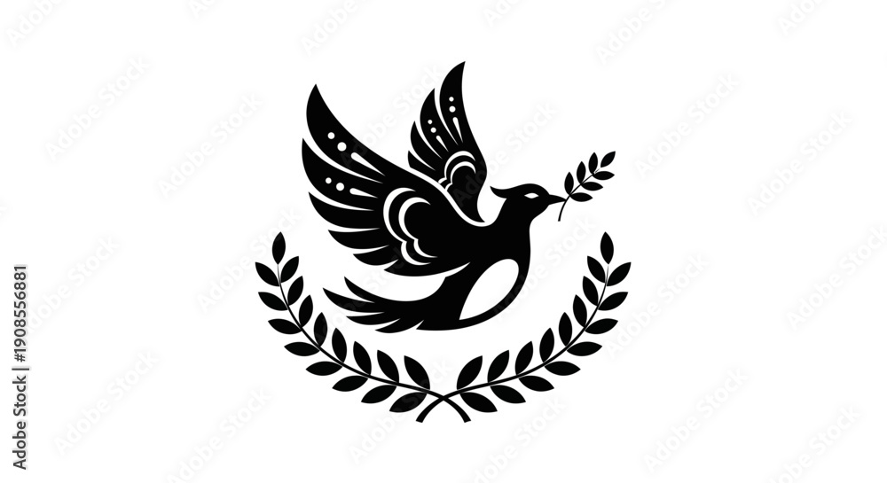 Fototapeta premium Black dove icon with olive branch