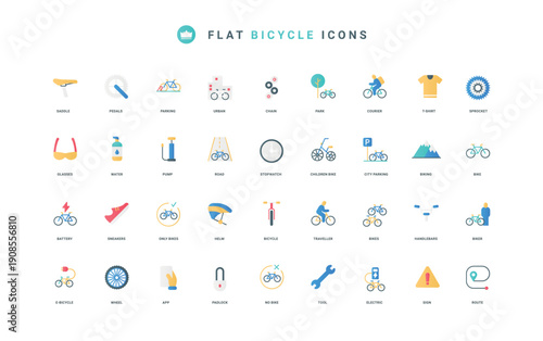 Helmet and shoes of cyclist, pump for wheels, handlebar thin symbols vector illustration. Bicycle, electric and mountain bike part for repair, city ride and parking flat icon set