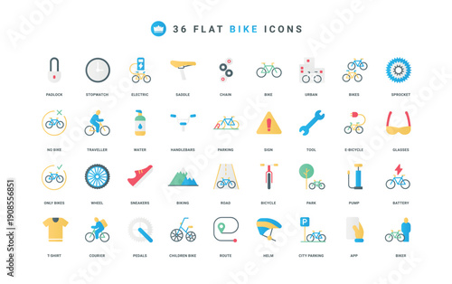 Bicycle, biker accessories and equipment, travel by road, park and mountain color icon set. No bike sign and transport for kids, route and delivery by courier, parking flat element vector illustration