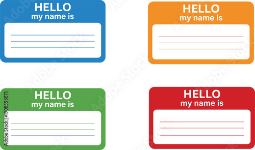 Colorful vector name tag templates with hello my name is text, blank lines for writing, identification labels for events and meetings
