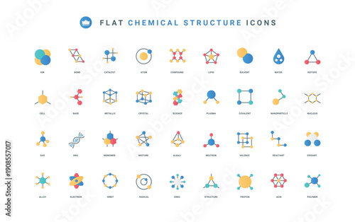Schematic molecular models with network and chains for analysis thin symbols vector illustration. Chemical structure of molecule and atom, formula of substance flat icon set