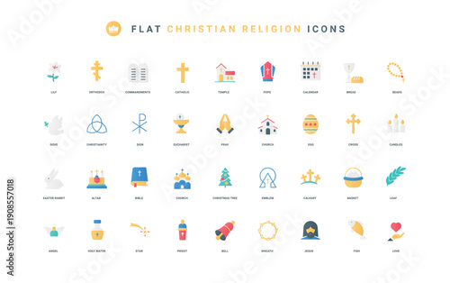 A collection of flat icons focusing on Christian worship, symbols, and traditions. Features crosses, churches, and other faith-related visuals, vector illustration.