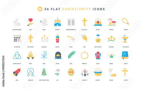 Christian temples and religious emblems, Priest and Pope, holy book Bible color icon set. Basket of Easter eggs and rabbit, bread and wine, tomb with cross and church flat elements vector illustration