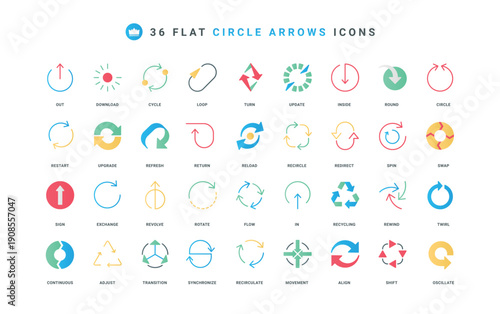 Circular arrows, progress buttons and round charts color icon set. Loop and curved arrows to rotate and repeat, reload and refresh process, spinning triangles flat elements vector illustration