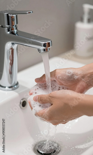 male hand washing bright chrome faucet modern bathroom running water rinsing away soap bubbles