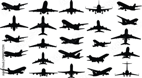 Airplane silhouette collection featuring commercial passenger aircraft takeoff and landing views isolated on white background vector illustration set for aviation and travel design projects