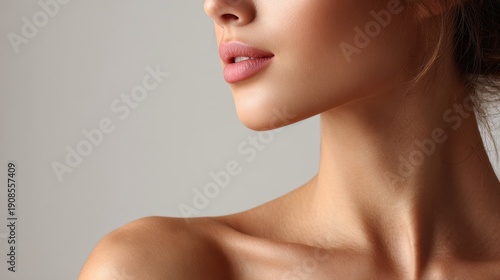 Image of a young woman s face neck and shoulders highlighting her glowing skin and beauty Focus on natural beauty skincare and wellness