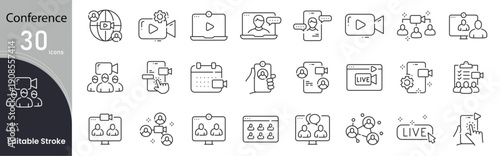 Conference related icon collections. Containing Conference, Meeting, Presentation, Speaker, Audience, Discussion, Seminar, Workshop, Panel, and Networking icons. Editable Stroke.
