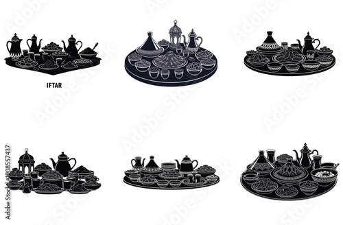 Ramadan Iftar Traditional Food and Tea Set Vector Illustration
