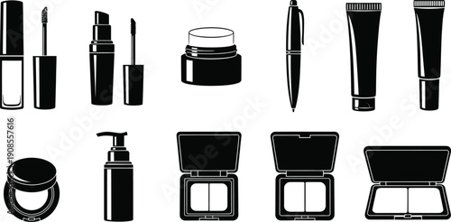 Collection of various makeup products and tools