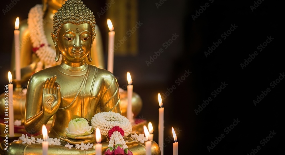 Fototapeta premium golden buddha statue surrounded by lit candles in peaceful temple setting during evening