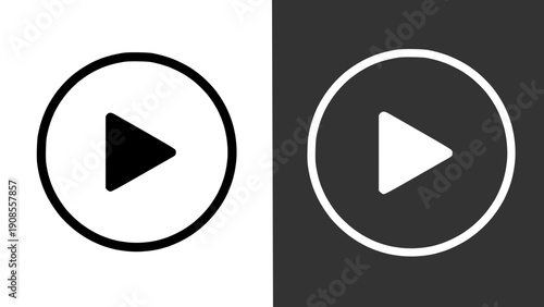 Minimalistic play button icon. Two variations a black play button on a transparent background and a white play button on a transparent dark background.