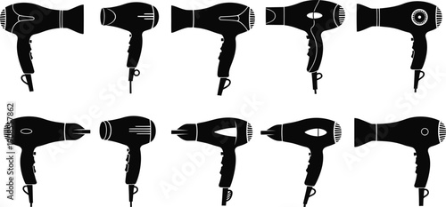 Collection of eight black hair dryer silhouettes