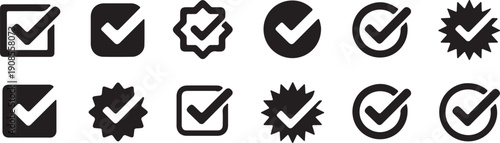 A diverse collection of black checkmark icons enclosed within various square, round, and star shapes